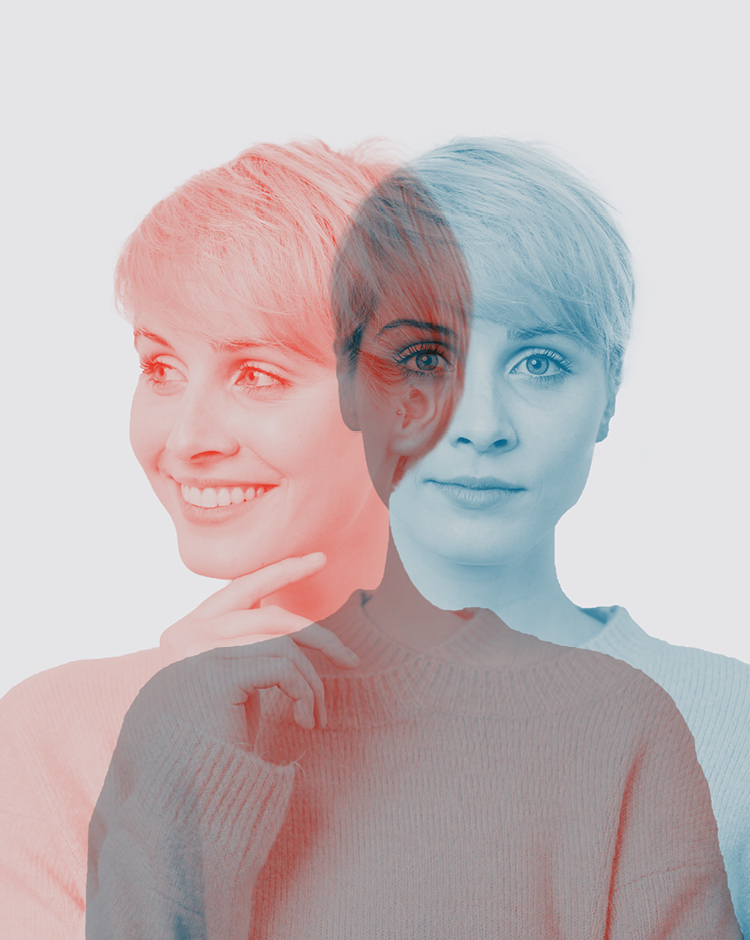 Frau mit kurzen Haaren in roter und blauer Farbe