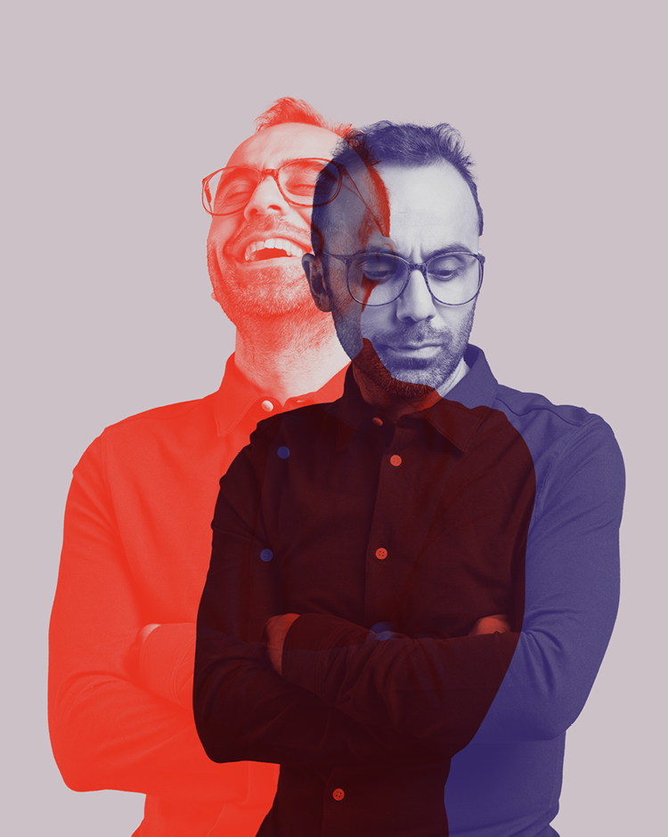 Mann mit Brille in roter und violetter Farbe
