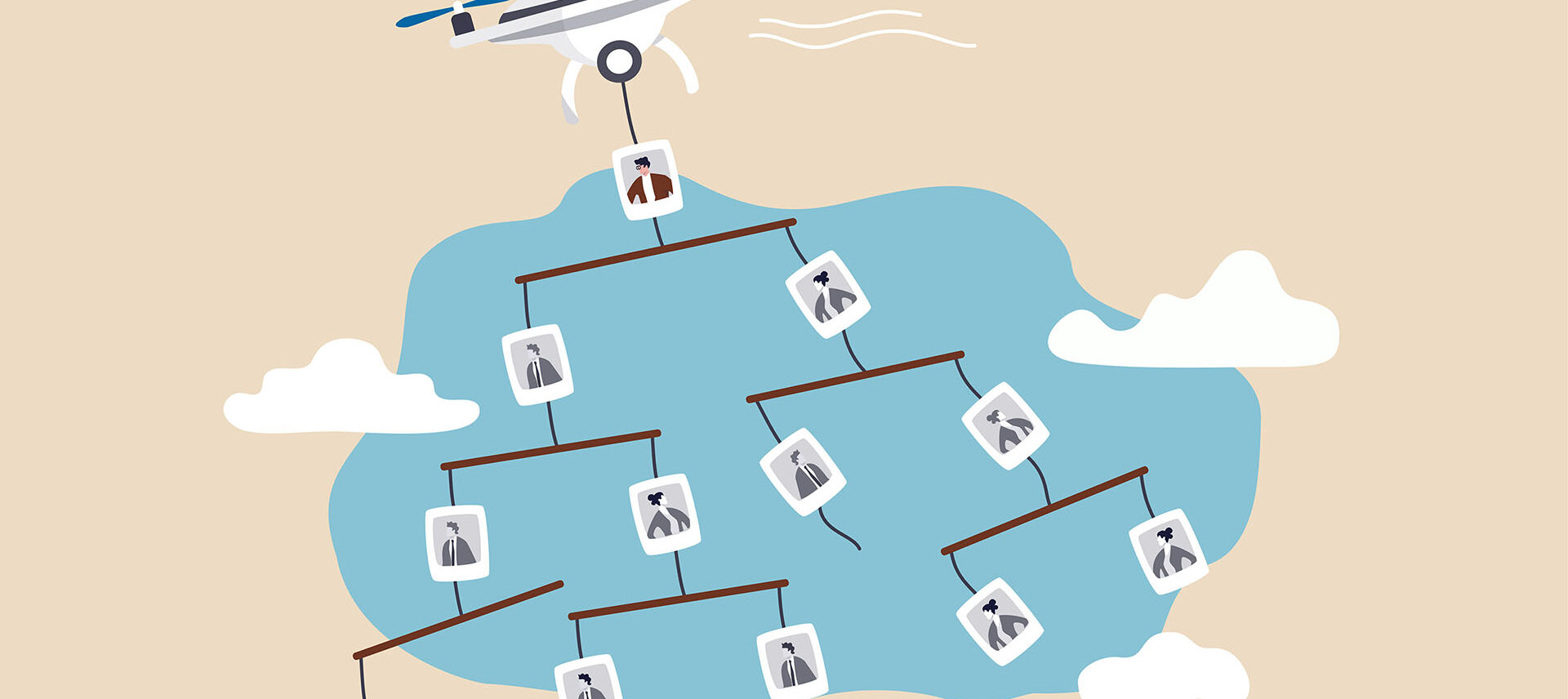 Cartoonartiges Organigramm mit einer Drohne an der Spitze und darunter verbundenen Personensymbolen.