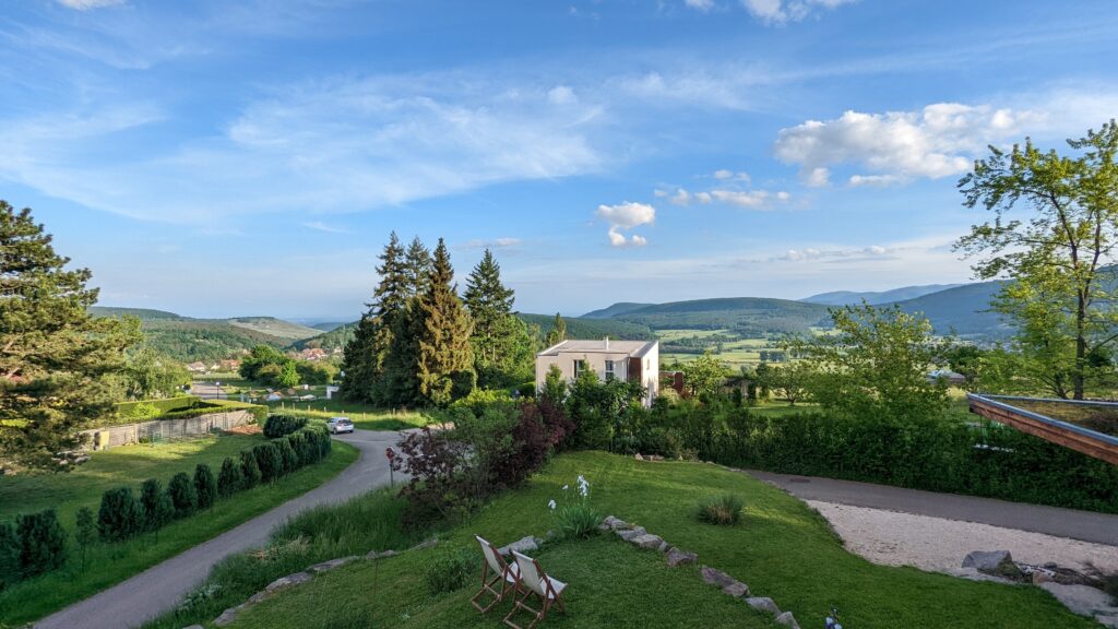 Ausblick über Hügel im Elsass in Morgenstimmung