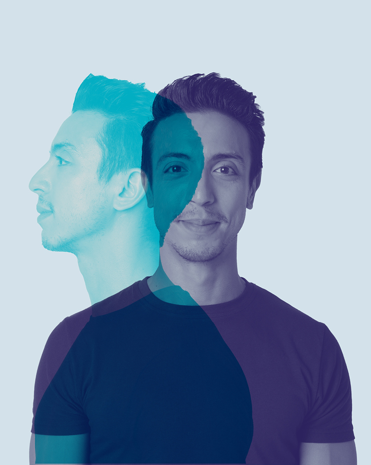junger Mann mit dunklen Haaren in blauer und violetter Farbe