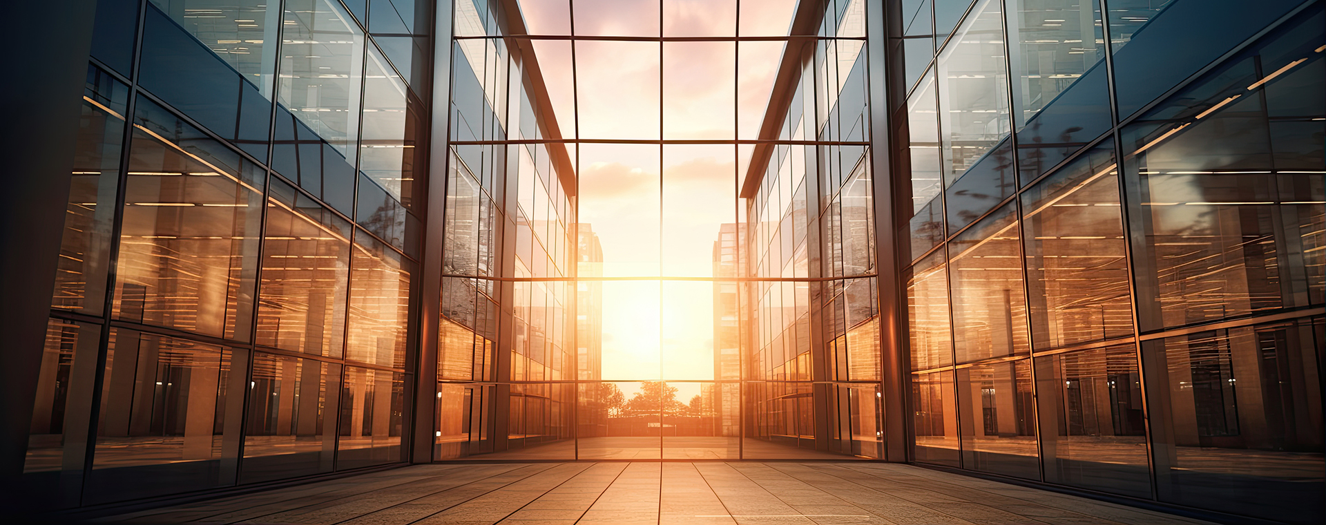 Die Innenansicht eines modernen Gebäudes mit großen Glasfenstern, die das goldene Licht der untergehenden oder aufgehenden Sonne und die Spiegelbilder gegenüberliegender Gebäude einfangen. Der Boden ist mit hellen Fliesen ausgelegt.