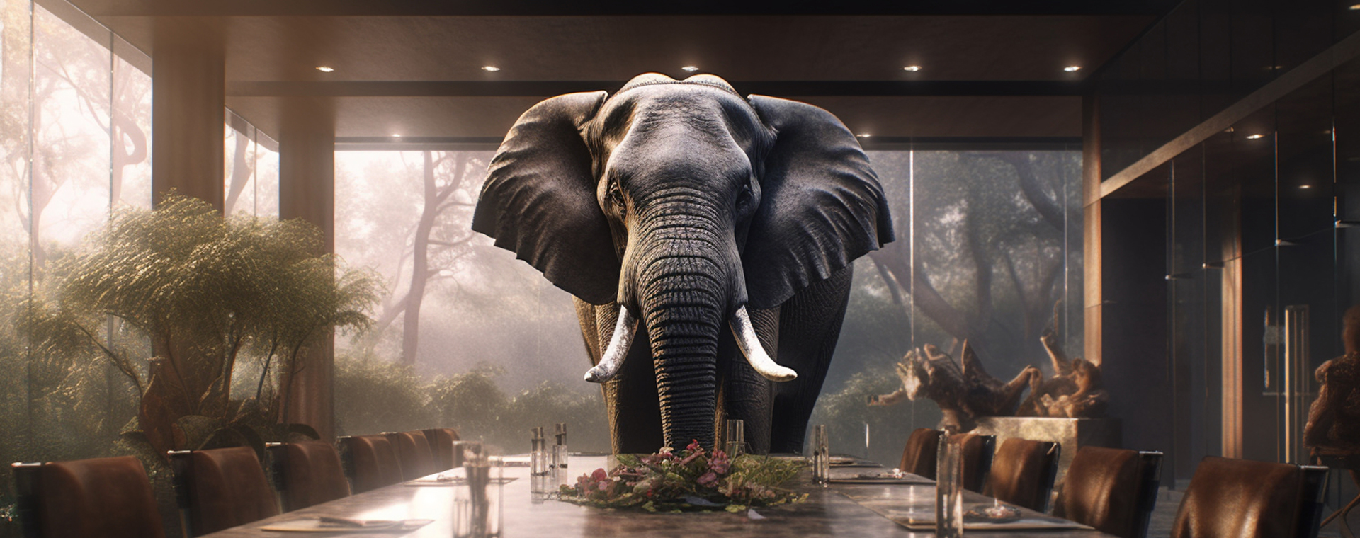 Ein großer Elefant steht in einem eleganten Esszimmer mit einem gedeckten Tisch und blickt direkt in die Kamera.