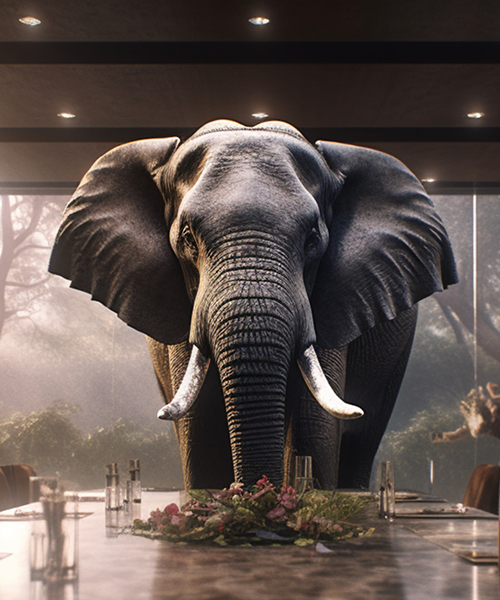 Ein großer Elefant steht in einem eleganten Esszimmer mit einem gedeckten Tisch und blickt direkt in die Kamera.