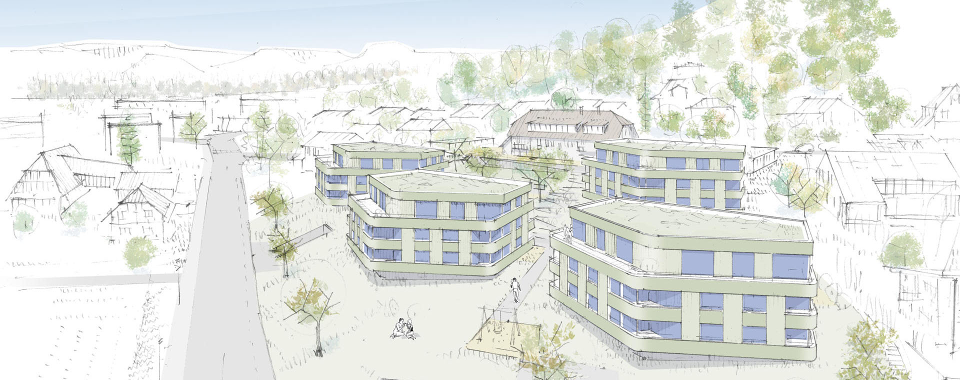 Eine architektonische Skizze einer Wohnüberbauung mit mehreren modernen Mehrfamilienhäusern, umgeben von Bäumen und anderen Gebäuden, vor einer sanften Hügellandschaft unter einem hellen Himmel.