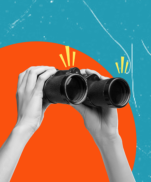 Illustration einer Person, die durch ein Fernglas schaut, vor einem abstrakten, farbenfrohen Hintergrund