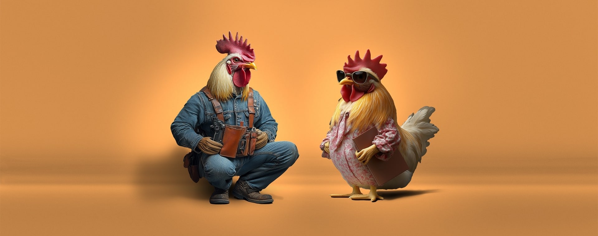 Ein Hahn in Arbeiterkleidung mit Werkzeuggürtel hockt auf dem Boden, während eine Henne mit Sonnenbrille und rosafarbenem Hemd daneben steht, beide vor einem einfarbigen, orangefarbenen Hintergrund.