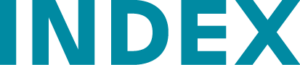 Das Firmenlogo "INDEX" in fetten blauen Buchstaben vor einem transparenten Hintergrund