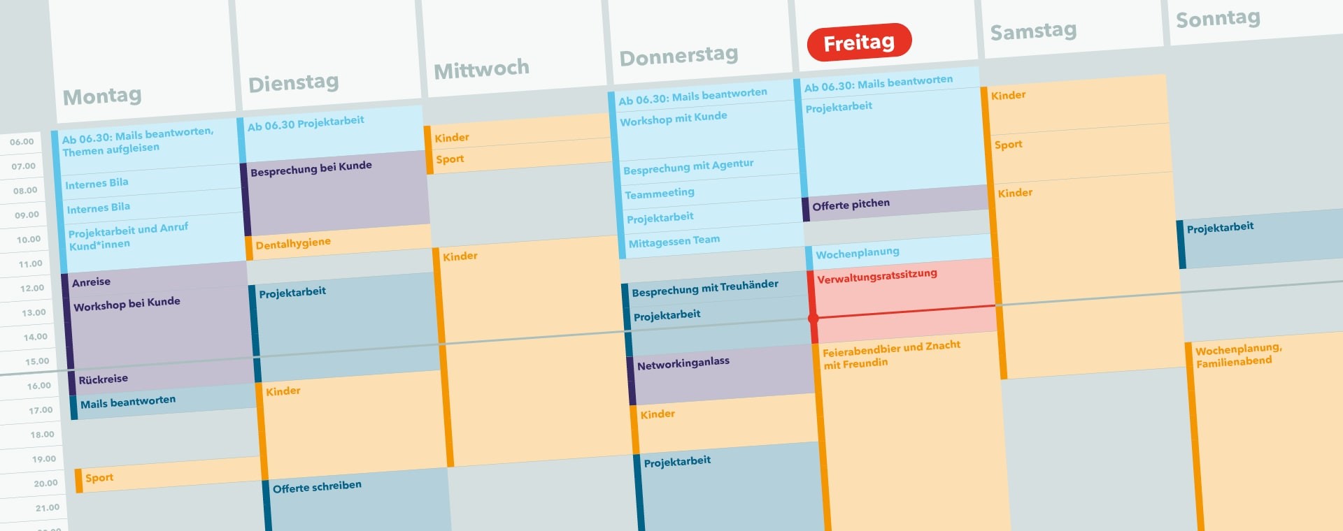 Teilansicht eines Wochenkalenders die verschiedene Termine wie 'Mails beantworten', 'Workshop mit Kunde', 'Projektarbeit', 'Besprechung mit Agentur', 'Teammeeting', 'Mittagessen Team', 'Besprechung mit Treuhänder', 'Networkinganlass', 'Kinder' sowie 'Feierabendbier und Znacht mit Freundin' und 'Verwaltungsratssitzung' enthält