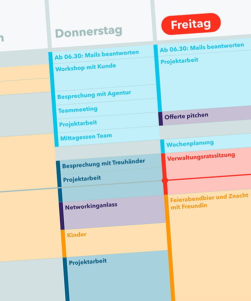 Teilansicht eines Wochenkalenders die verschiedene Termine wie 'Mails beantworten', 'Workshop mit Kunde', 'Projektarbeit', 'Besprechung mit Agentur', 'Teammeeting', 'Mittagessen Team', 'Besprechung mit Treuhänder', 'Networkinganlass', 'Kinder' sowie 'Feierabendbier und Znacht mit Freundin' und 'Verwaltungsratssitzung' enthält