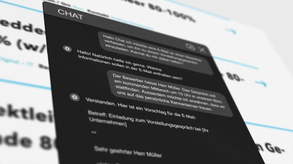 Der Bildschirm zeigt einen Chatverlauf in einem dunklen Design. Ein Benutzer hat nach Hilfe beim Verfassen einer E-Mail für ein Vorstellungsgespräch gefragt. Der Chatbot liefert einen Vorschlag für die E-Mail, einschließlich Betreffzeile und Begrüßung. Das Foto ist unscharf, um die Tiefe des Bildschirms hervorzuheben.