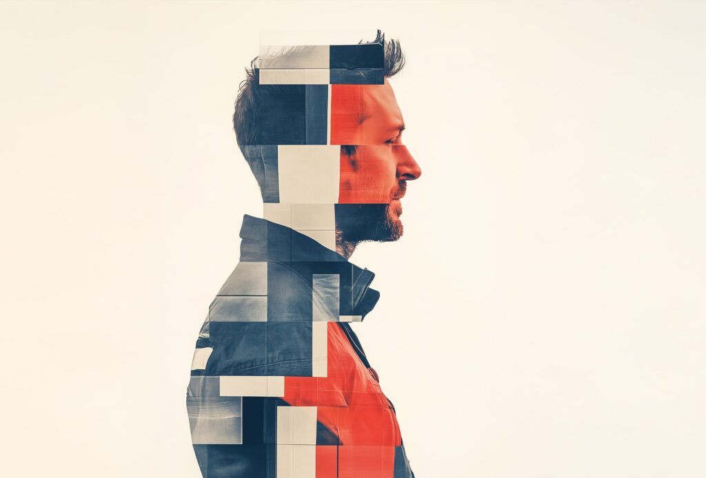 Mann-Portrait im Profil, digital zerschnitten in geometrische Farbsegmente mit Pixelfehler-Effekt in Blau, Rot und Beige, erzeugt durch algorithmische Bildbearbeitung.