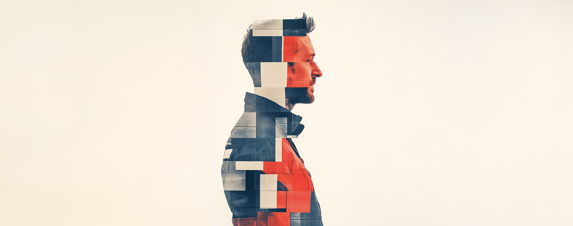 Mann-Portrait im Profil, digital zerschnitten in geometrische Farbsegmente mit Pixelfehler-Effekt in Blau, Rot und Beige, erzeugt durch algorithmische Bildbearbeitung.