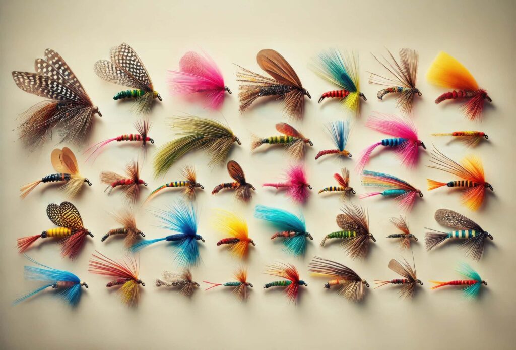 Eine Sammlung bunter Fliegenköder für das Fliegenfischen.