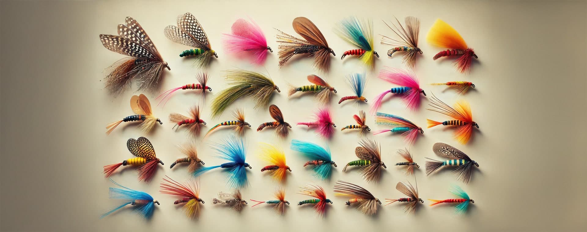 Eine Sammlung bunter Fliegenköder für das Fliegenfischen.