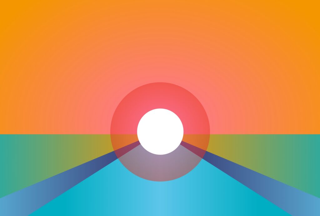 Abstraktes Design, das mit einem mittigen, weissen Kreis und davon ausgehenden geraden Linien die Ausrichtung auf ein Ziel am Horizont aufgreift.