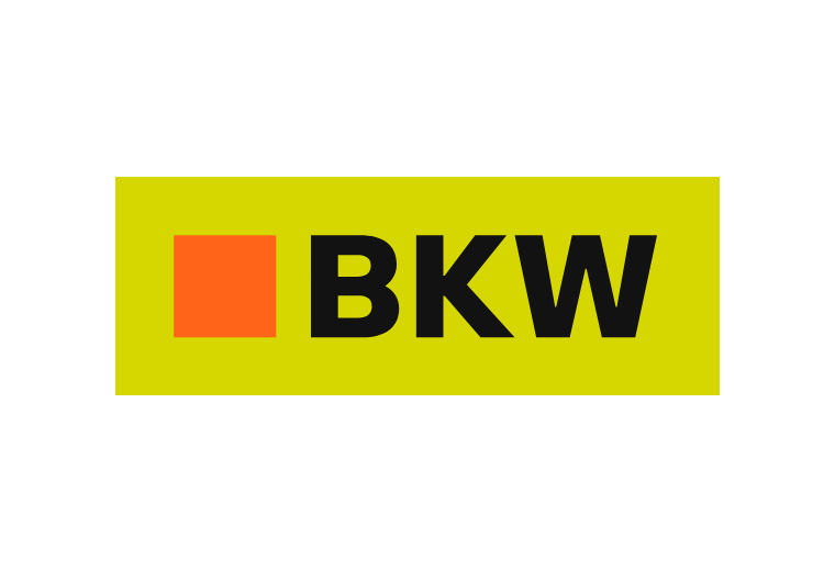 „Logo der BKW mit schwarzem Schriftzug auf gelbem Hintergrund und orangefarbenem Quadrat links.“