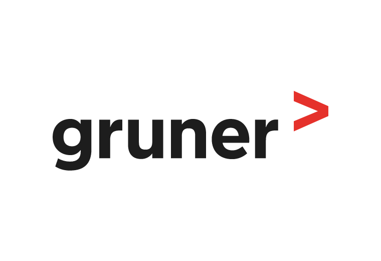 „Logo der Firma gruner mit schwarzem Schriftzug und rotem Pfeil nach rechts.“
