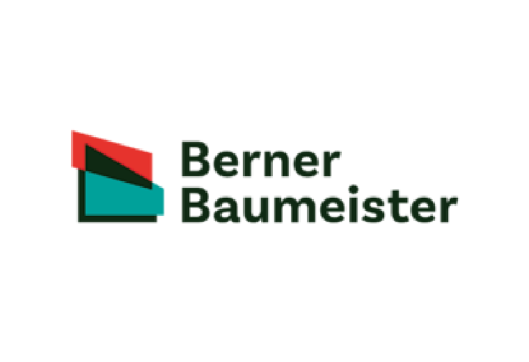 Logo der Berner Baumeister mit geometrischem Design in Rot, Schwarz und Türkis neben dem Schriftzug. Modernes Erscheinungsbild, das eine Firma oder Marke aus dem Bauwesen repräsentiert.